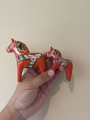 Vintage Swedish Dala Horse Pair Orange (4”) & Red (3”) Wooden By Nils. Olsson • $89.95