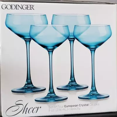 Godinger Set Of 4 Sheer Blue Colored Coupes European Crystal Wine Glasses 8 Oz • $35.99