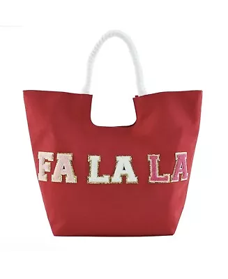 Mud Pie Large Red Christmas Tote Cotton Chenille Glitter Patch FA LA LA  Wording • $46