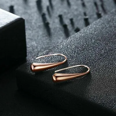 18K Gold Plated Minimalist Ear Piercing Rose Gold Tear Drop Hook Dangle Earrings • £3.99