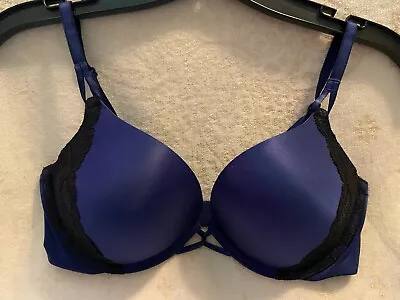 Victoria Secret Padded Plunge Bra Underwire Size 34C Blue W/Black Lace SHIPs 24 • $15.95