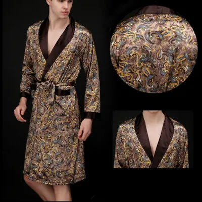 Mens Kimono Bathrobe Pajamas Sleepwear Gown Faux Silk Satin Paisley Loungewear • $31.73