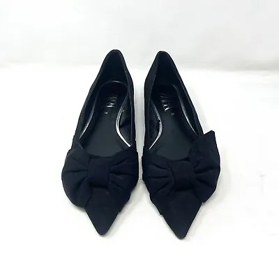 Zara Flat Ballet Shoes Womens Size 38 US 7 Black Faux Suede Pointed Toe W/Bow • $17.49