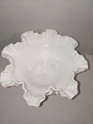Vintage Fenton White Milk Glass Hobnail Ruffled Pedestal Serving Fruit Bowl  • $19.99