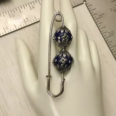 Vintage Estate Giant Safety Pin Brooch With Decorated Blue Beads • $11.19