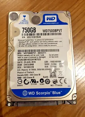 Western Digital 750GB 2.5  Laptop SATA Hard Disk Drive WD7500BPVT • £12.49