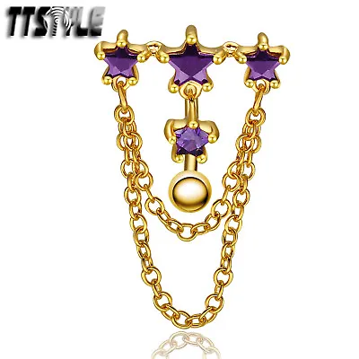 TTStyle 18K Gold GP Reverse CZ Star Chandelier Dangle Belly Bar Ring • £5.45