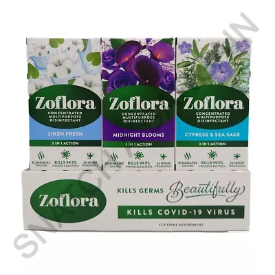 12 X 120ml ZOFLORA MIXED PACK LINEN FRESHMIDNIGHT BLOOMSCYPRESS SEA SAGE • £21.99