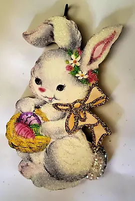 BUNNY W BASKET Of COLOR EGGS YELLOW BOW  * Glitter  EASTER ORNAMENT * Vtg Img • $10.50