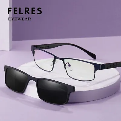 Men Metal Frame Square Eyeglasses Magnetic Clip-on Polarized Driving Sunglasses • $17.41