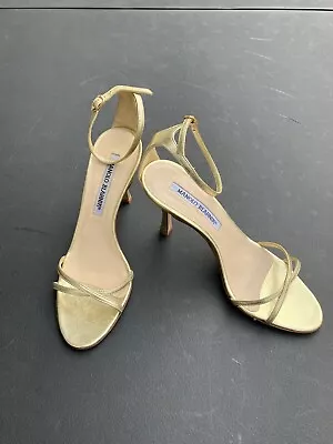 Manolo Blahnik Gold Strappy Heels New Sandals Shoes 35 1/2 Leather Italy Saks • $179.99