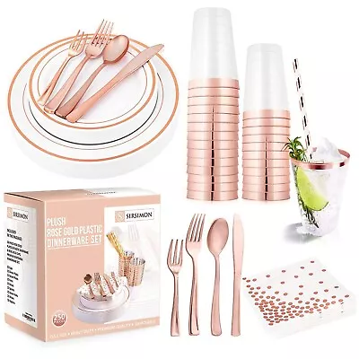 250 Piece Disposable Rose Gold Plastic Dinnerware Set - 50 Rose Gold Plastic ... • £100.48