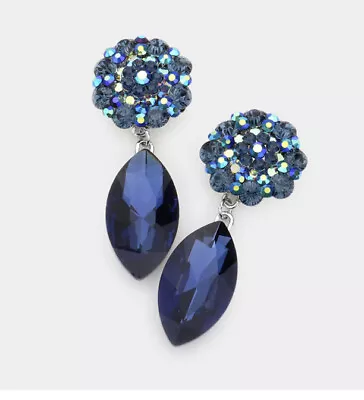 2.4” Navy Blue Ab Long Rhinestone Crystal Pageant Dangle Drop Pierced Earrings • $16.50