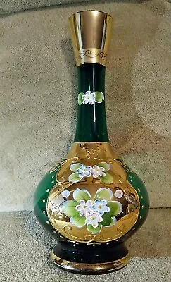 Vtg Bohemian Emerald Glass Gold Trim Hand Painted Bud Vase • $12