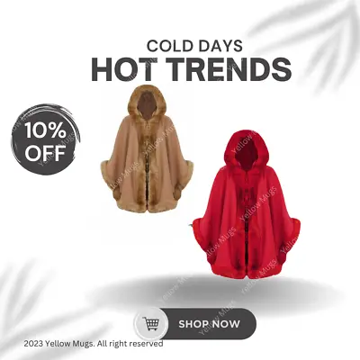 £20.99 • Buy Ladies Italian Fur Faux Hooded Poncho Cape Womens Winter Shawl Cardigan One Size
