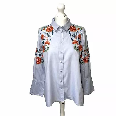 Zara Blue Floral Embroidered Shirt Size M Asymmetrical Hem Tunic Spring Blouse • £15