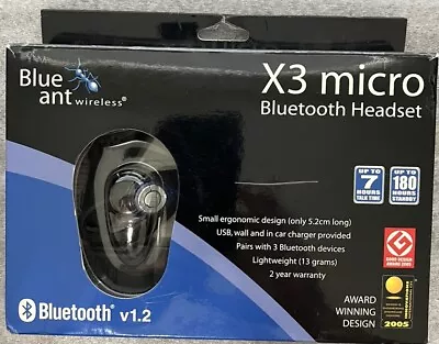 BLUE ANT Wireless X3 Micro Bluetooth Headset V1.2 Black W Wall And Car Charger • $20
