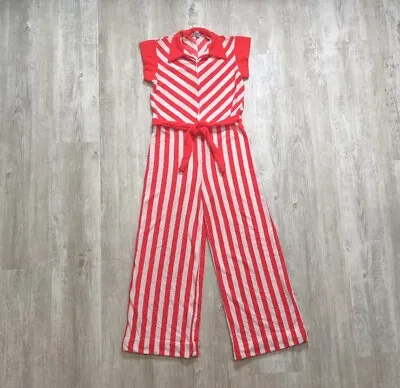 Vintage 1970s Terry Cloth Zip Front Belted Jumpsuit Size S Wide Leg Red Striped • £85.66