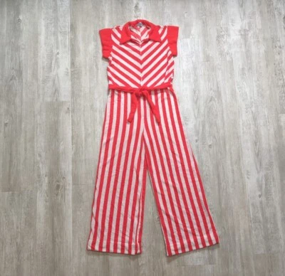 Vintage 1970s Terry Cloth Zip Front Belted Jumpsuit Size S Wide Leg Red Striped • £86.85