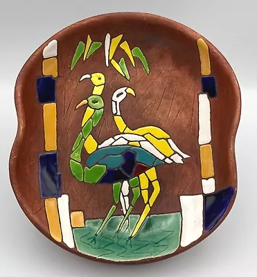 Keramos Handpainted Mosaic Style Bird Crane Flamingo Dish Bowl 1950s Israel 532E • $70