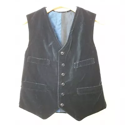 Vintage 1980s Handmade Ladies WAISTCOAT Navy Blue Velvet BUTTONED FRONT • £20