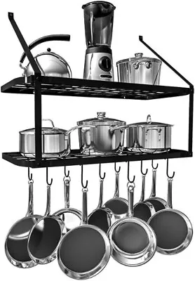 Metal Pot Pan Rack Wall Mounted Kitchen Shelf With Hooks Hanging - Warmiehomy • £23.45