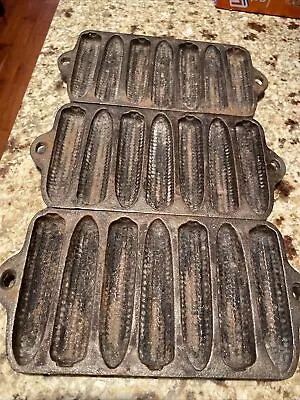 Vintage Cast Iron Mini Corn Bread Baking Pan Mold 7 Ears Unbranded Set Of 3 • $50