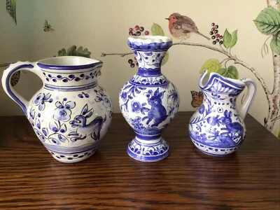 £15 • Buy Cute Collection Blue & White Rabbit Jugs And Matching Bud Vase Portuguese