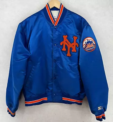 NEW YORK METS Jacket Mens L STARTER Diamond Collection MLB Satin Bomber NY Blue • $169.99