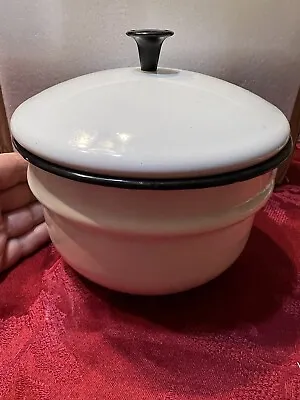 Vintage White Enamel Storage Containers With Black Trim Covered Bowl W Lid • $12.59