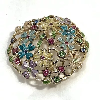 Vintage Signed Monet Round Flower Pin Brooch Rhinestone Enamel Pastel Colors • $19.95