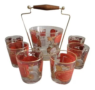 Jeanette Glass Cocktail Bar 8pcs SET Bucket Vintage MCM Drink Recipe Whisky + • $124.99