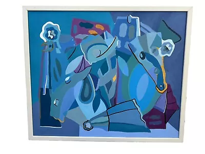 MCM Mid-Century Vtg Abstract Blues & Purples Acrylic Painting 25 X21  • $129.99