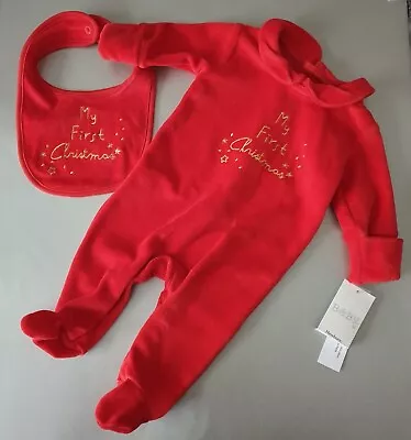 Baby Boy Girl NEWBORN My First Christmas Babygrow & Bib Outfit Matalan BNWT Red • £7.50