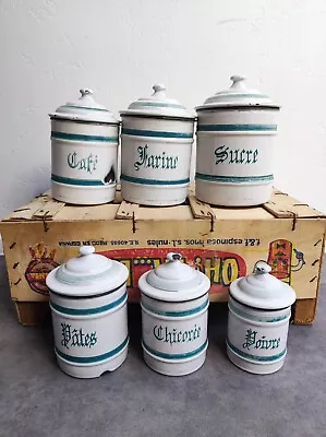 6 Vintage Retro Antique French Kitchen Nesting Enamel Cannisters Metal Art Decor • $99.87