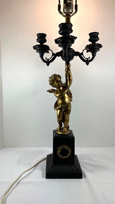 $110 • Buy Vintage Hollywood Regency Winged Cherub Table Lamp Black And Gold