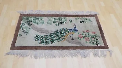 £200 • Buy Pure SILK Chinese CARPET RUG HAND MADE Peacock Design 4ft 3  X 2ft