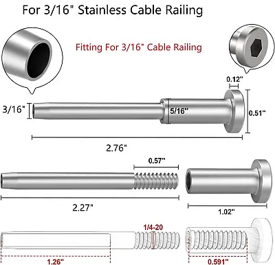 T316 Stainless Steel Swage Threaded Tensioner End Fittings 3/16  Cable Railing • $15.99