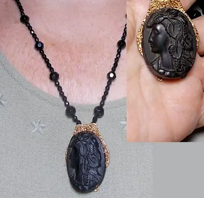 Black Mourning Vulcanite Bacchante Cameo 1860 Victorian W/ Grapes Necklace OOAK • $189.90