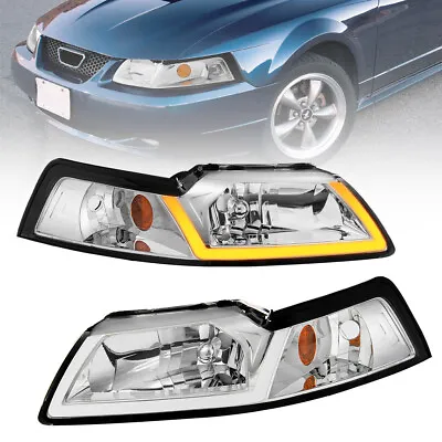 Pair Chrome Headlights Assembly W/ LED DRL Tubes For 1999-2004 Ford Mustang • $125.89