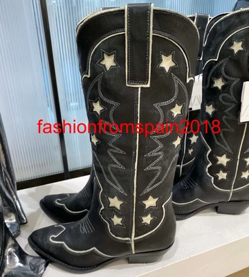 $199.99 • Buy Zara New Woman Leather Cowboy Boots With Stars Stars 35-42 3000/210