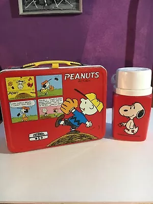 Vintage 1965 Red Peanuts Lunchbox W/ Matching Thermos Complete!  • $64.95