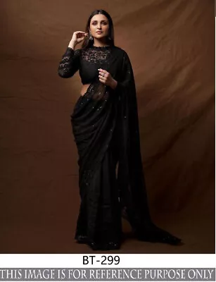 Women's Black Sequins Cocktail Party Wear Georgette Saree Pakistani Sari Blouse • £42.60