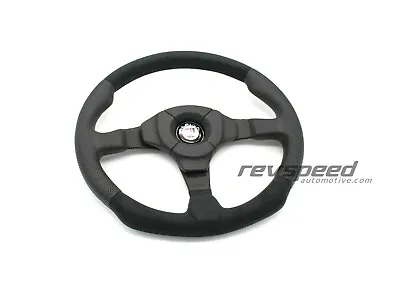 MOMO Dark Fighter Black Steering Wheel Leather Suede 350mm W/ ALPINA Horn Button • $279.95