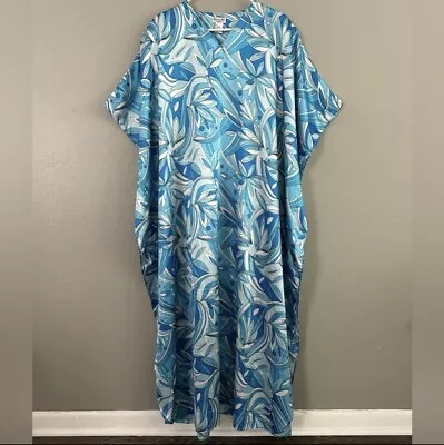 Vintage Sante Classics Blue Satin Kaftan Mumu Maxi Dress One Size Retro Floral • $19.95