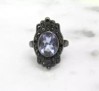 Vintage Unknown Blue Stone Sterling Silver Ring W/ Marcasites ~ 9.6g ~ 11-K683 • $24.99