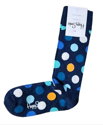 HAPPY SOCKS Men's Blue Big Dot Combed Cotton Crew Socks Size 8-12 NWT • $8