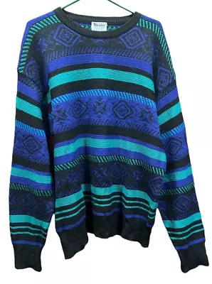 VTG Meister Men's 90s Geometric Stripe Pattern Ski Sweater XL Purple Wool Blend • $39.85