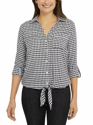 Womens Jones New York Front Tie Baby Gingham Black Check Blouse / Shirt / Top • £8.95