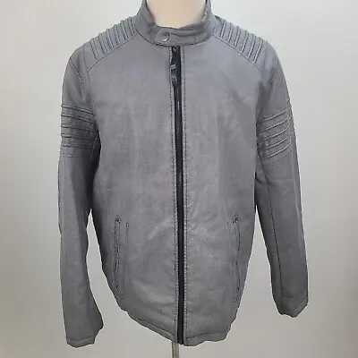 Marc Ecko Cut & Sew Biker Coat Men Large Gray Lined Pocket Faux Leather • $22.49